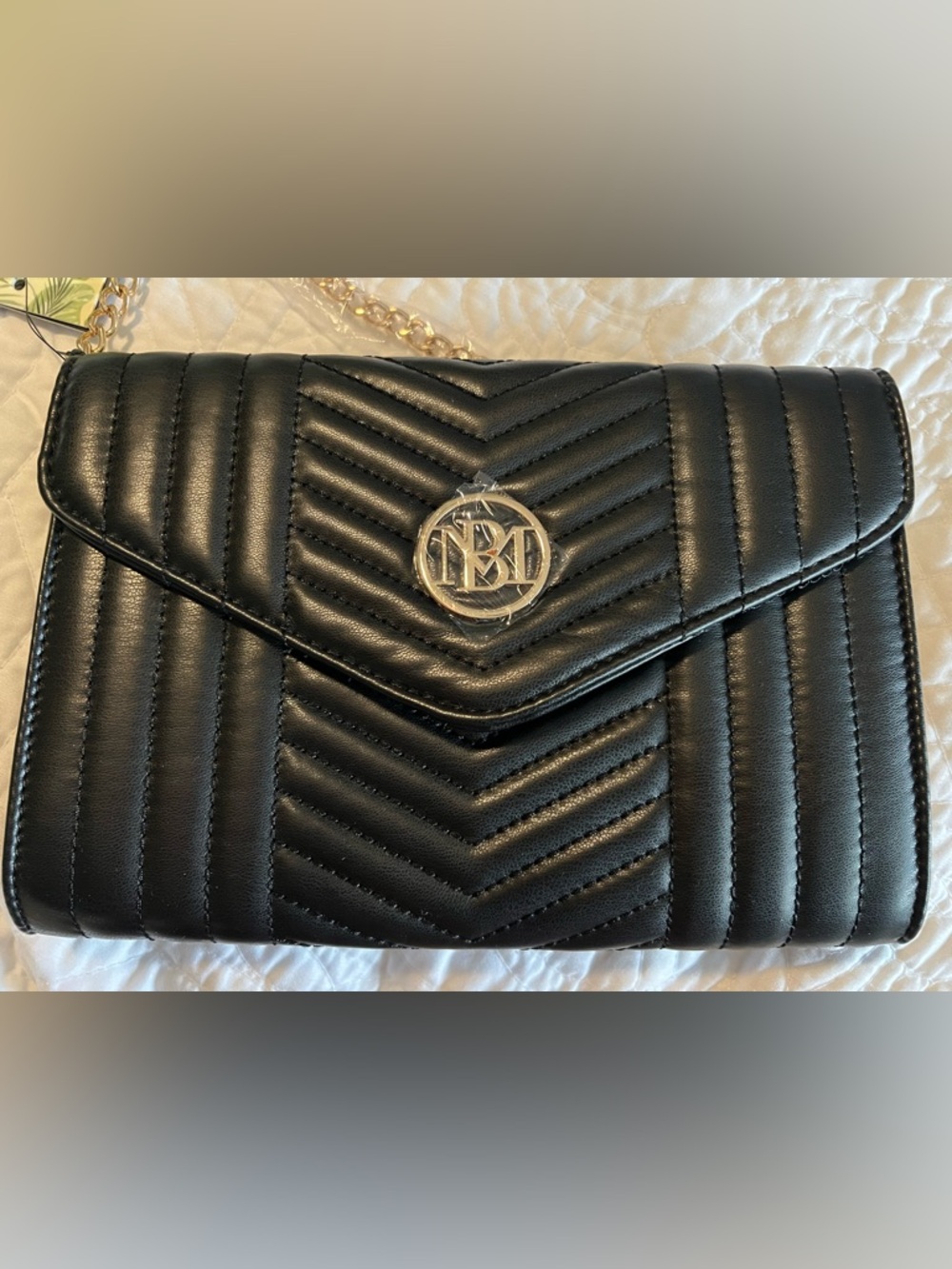 MM Black Quilted Chevron Crossbody Bag with Gold Logo